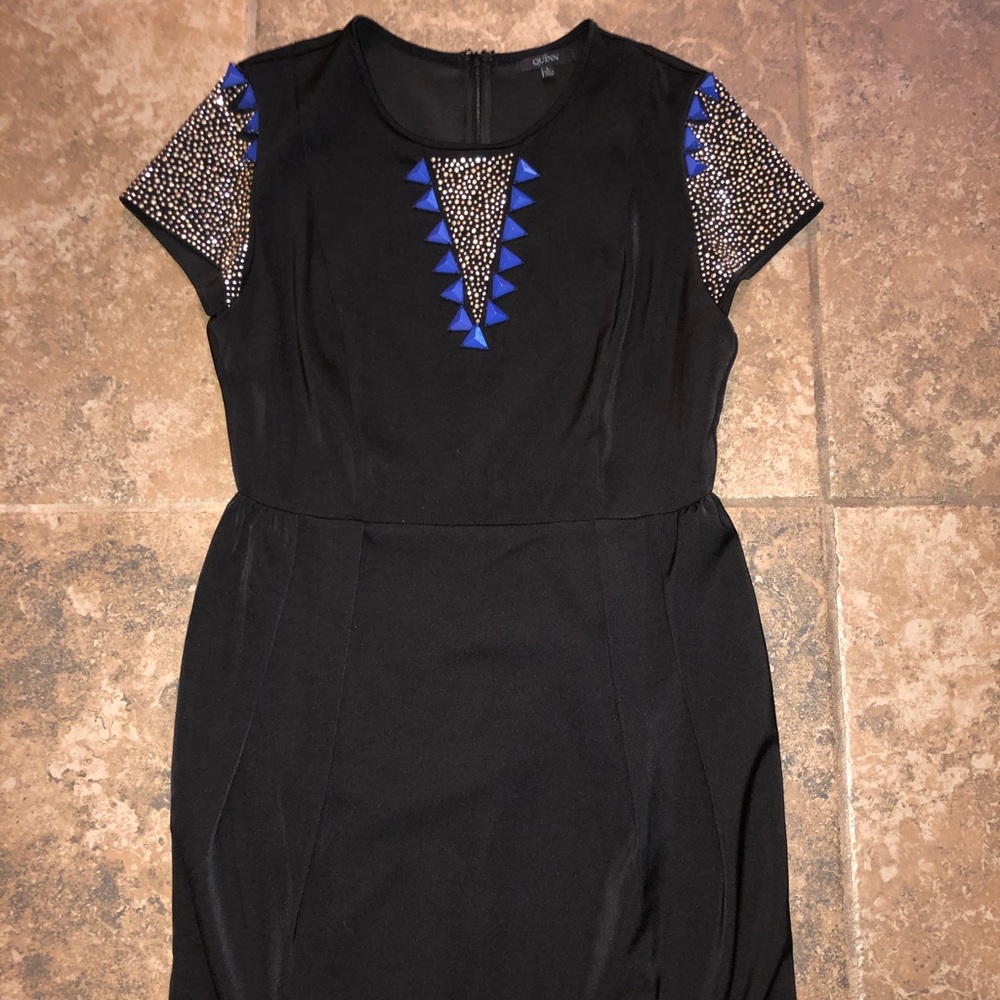 QUINN Boutique Embellished Sleeve Black Midi Dress